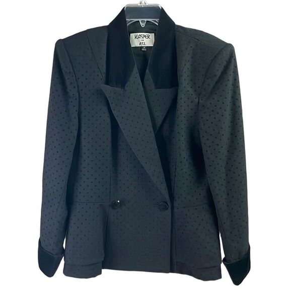 KASPER  Wool Blend Black Tailored Swiss Dot Velvet Trim Jacket Blazer Size 14 - Picture 1 of 8